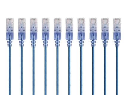 Monoprice Cat6A Ethernet Patch Cable - Snagless RJ45, 550Mhz, 10G, UTP, Pure Bare Copper Wire, 30AWG, 10-Pack, 3 Feet, Blue - SlimRun Series