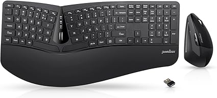 Perixx Periduo-605, Wireless Ergonomic Split Keyboard and Vertical Mouse Combo, Adjustable Palm Rest and Membrane Low Profile Keys, Black, US English Layout (11633)