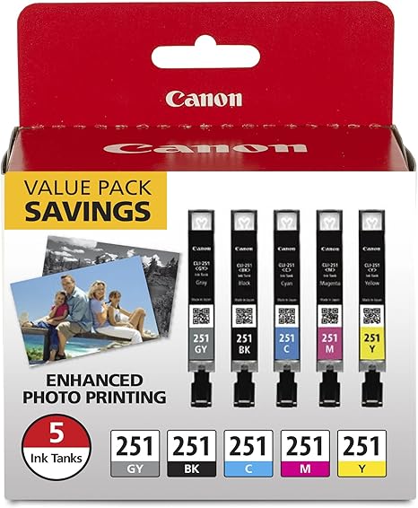 Canon CLI-251 BK/C/M/Y/GY 5 Color Value Pack Compatible to MG7520, MG5620, MG6620