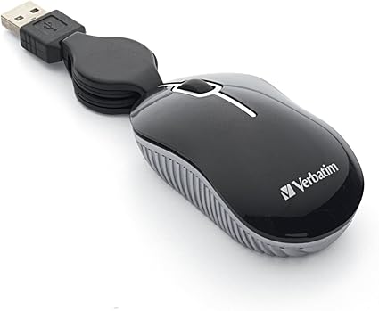 Verbatim Wired Optical Computer Mini USB-A Mouse - Plug & Play Corded Small Travel Mouse with Retractable Cable – Black 98113