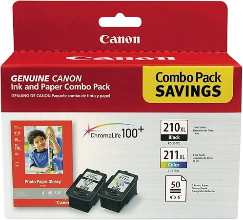 Canon 2973B004 PG-210 XL and CL-211 XL Ink and Glossy Photo Paper Combo Pack, Compatible to MP495,MP280,MP490,MP480,MP270,MP240, MX420,MX410,MX350,MX340 and MX330