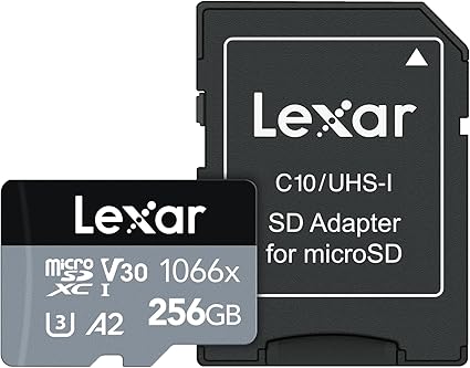 Lexar 1066x Micro SD Memory Card 256GB - 160MB/s Reading, 120MB/s Writing, C10, U3, V30, A2 - Silver