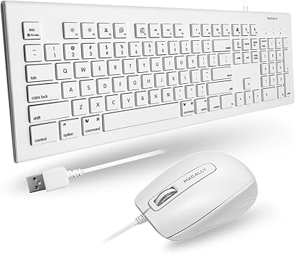 Macally 104 Key USB Wired Keyboard and Mouse Combo with Apple Shortcut Keys for Mac, iMac, Macbook, and Windows PC (MKEYECOMBO), White