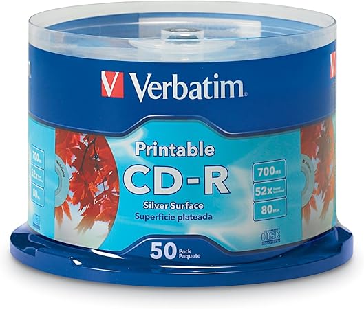 Verbatim CD-R Blank Discs 700MB 80 Minutes 52X Silver Inkjet Printable Surface - 50pk Spindle