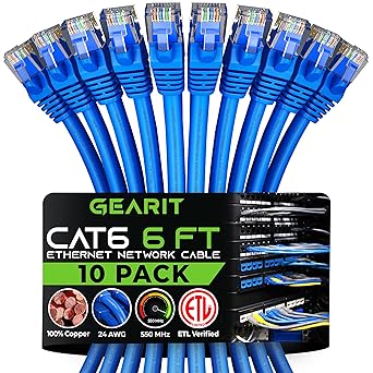 GearIT Cat 6 Ethernet Cable ft (10-Pack) - Cat6 Patch Cable, Network Internet Blue Feet For Personal Computer