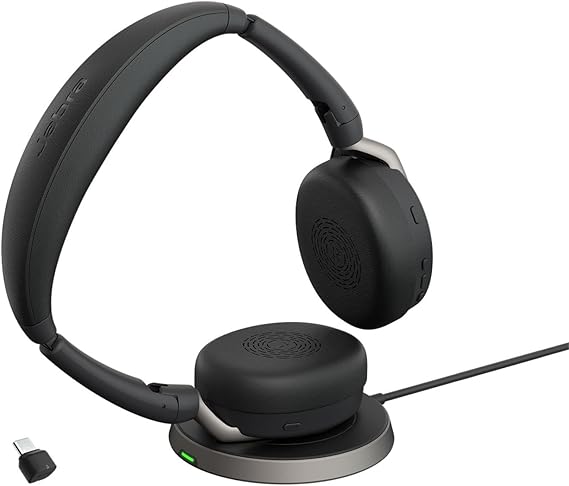 Jabra Evolve2 65 Flex Stereo Headset with Bluetooth, Wireless Charging Pad - Noise-Cancelling ClearVoice Technology & Hybrid Active Noise Cancellation - Certified for Microsoft Teams - Black