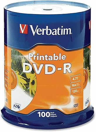 Verbatim DVD-R 4.7GB 16X White Inkjet Printable with Branded Hub, 100-Disc