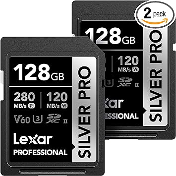 Lexar 128GB (2-PK) Professional SILVER PRO SDXC Memory Card, UHS-II, C10, U3, V60, Full-HD & 4K Video, Up To 280MB/s Read, for Professional Photographer, Videographer, Enthusiast (LSDSIPR128G-B2NNU)