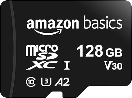 Amazon Basics Micro SDXC Memory Card with Full Size Adapter, A2, U3, Read Speed up to 100 MB/s, 128 GB, Black