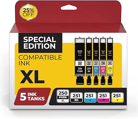 Canon PGI250XL and CLI251 Ink Cartridges (Black (2 Nos), Cyan, Magenta and Yellow, 5-Pack) Canon PGI 250, CLI 251