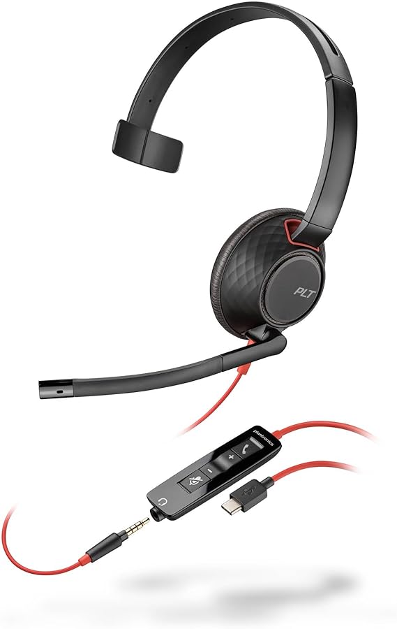 Poly Blackwire 5210 Wired Headset (Plantronics) - Flexible Noise-Canceling Boom Mic – Single-Ear Design - Connect to PC/Mac, Mobile via USB-C, USB-A, or 3.5 mm - Works w/Teams, Zoom - Amazon Exclusive