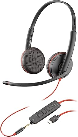 Poly Blackwire 3225 Wired Headset (Plantronics) - Noise-Canceling Mic – Stereo Design - Connect to PC/Mac/Mobile via USB-C, USB-A, or 3.5mm - Works w/Teams, Zoom - Amazon Exclusive