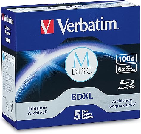 Verbatim M DISC BDXL 100GB 6X with Branded Surface Blank Blu-Ray Recordable Media – 5pk Jewel Case Box,Blue