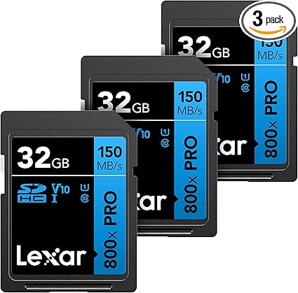 Lexar 32GB (3-Pack) High-Performance 800x PRO SDHC UHS-I Memory Card, C10, U1, V10, 4K UHD Video, Up to 150MB/s Read, for Point-and-Shoot & Mid-Range DSLR Cameras, HD Camcorders (LSD0800P032G-B3NNU)