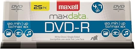 Maxell – 638010, DVD-R Blank Disc - 4.7GB Storage Capacity with 16X Write Speed - Write-Once Format for Large File and Archiving with Superior Archival Life - Compatible with DVD or Player - 25 Pack