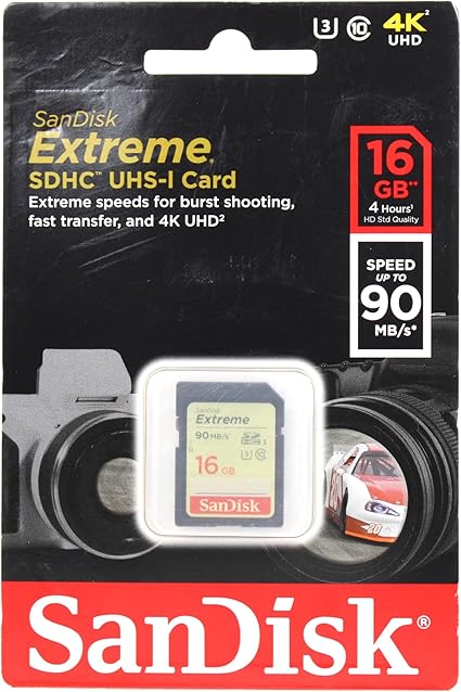 SanDisk 16GB Extreme SDHC UHS-I Memory Card - 90MB/s, C10, U3, V30, 4K UHD, SD Card - SDSDXNE-016G-GNCIN