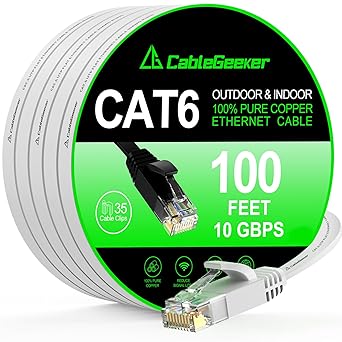 Cat 6 Ethernet Cable 100 ft, Indoor&Outdoor, High Speed 10Gbps Flat Internet Network Cable, Cat6 Ethernet Patch Cable Long, White Computer LAN Cable with Free Clips & Straps for Router, Modem, PS4/5