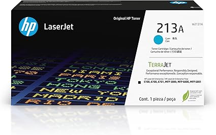 HP 213A Cyan Original LaserJet Toner Cartridge, W2131A. Works with HP LaserJet Enterprise 5700, 5800, 6700, 6701, 6800, 6801