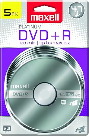 Maxell – 639031, Platinum DVD+R - High Capacity Write-Once Discs for Videos & Digital Storage - 4.7GB Storage with 16X Write Speed Up To 120 Min, Exceptional Archival Life – Pack 5