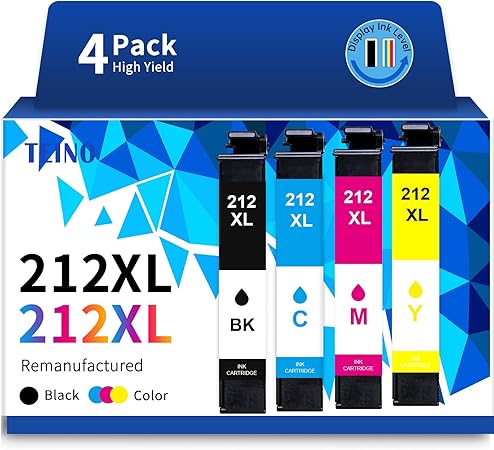 TEINO 212 212XL Ink Cartridges for Epson Printer Remanufactured Replacement for Epson 212 212XL Ink Cartridges for Epson Printer XP-4100 XP-4105 WF-2830 WF-2850 (Black Cyan Magenta Yellow, 4-Pack)