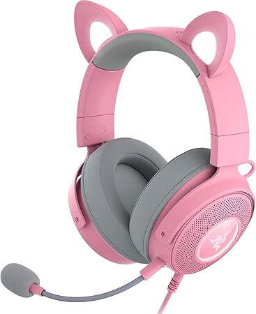 Razer Kraken Kitty V2 Pro Wired RGB Headset: Interchangeable Ears (Kitty, Bear, Bunny) - Stream Reactive Lighting - Detachable HyperClear Cardioid Mic - 50mm Drivers - 7.1 Surround Sound - Quartz Pink