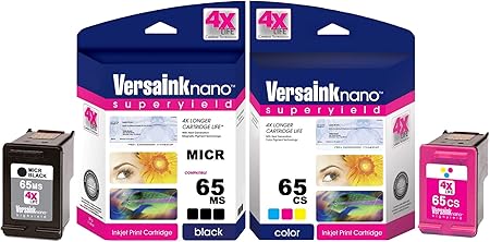 VersaInk-nano HP 65 MS MICR Black Ink Cartridge for Check Printing & VersaInk-Nano 65 CS Tri-Color Ink Cartridge Combo Pack