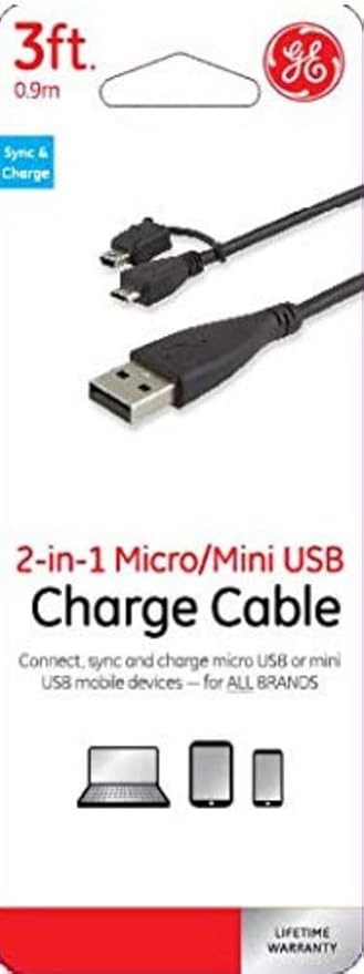 GE 2-in-1 Micro/Mini USB Charge Cable. 3 ft Long Cord, Black, 34709