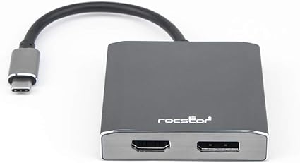 Rocstor Y10A202-A1 Premium USB-C to DisplayPort & HDMI Dual Port Adapter – DisplayPort 4K @60Hz, HDMI 4K@30Hz – USB Type - 2-Port MST Adapter, Aluminum Charcoal Grey