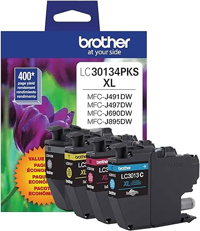 Brother Printer Genuine LC30134PKS 4-Pack High Yield Color Ink Cartridges, Page Yield Up to 400 Pages/Cartridge, Includes Black, Cyan, Magenta and Yellow, LC3013