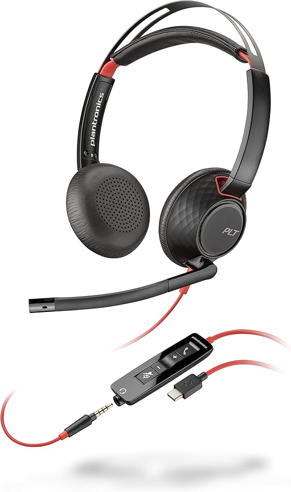 Poly - Blackwire 5220 USB-C Headset (Plantronics) - Wired, Dual Ear (Stereo) Computer Headset with Boom Mic - USB-C, 3.5 mm to connect to your PC, Mac, Tablet and/or Cell Phone