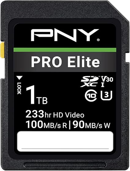 PNY 1TB PRO Elite Class 10 U3 V30 SDXC Flash Memory Card - 100MB/s, Class 10, U3, V30, 4K UHD, Full HD, UHS-I, Full Size SD