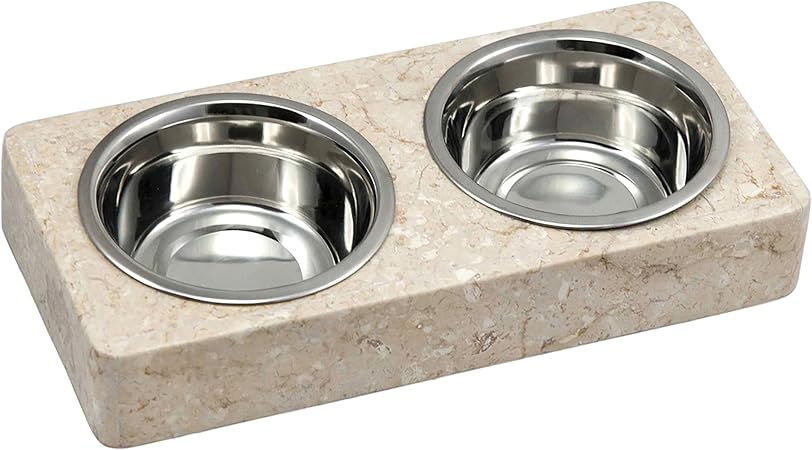 Creative Home 1 Pint Natural Champagne Marble Double Diner Pet Food & Water Bowl Set