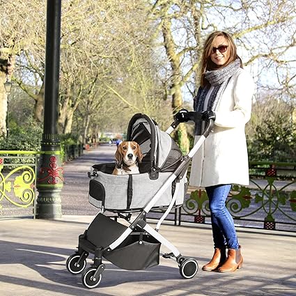 Pet Stroller for Cats and Small Dogs with Removable Carrier Liner, Zipperless Entry, Foldable 4-Wheel Cat Stroller Trolley with Safety Tether, Storage Basket, for Travel Shopping Walking