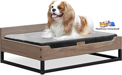 Wooden Dog Bed and Dog Couch with Water-Resistant Mattress, Small to Medium Elevated Pet Bed with Calming Mattress, Greenguard Gold Certified, Dog Beds & Furniture, Milo, Walnut