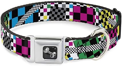 Buckle-Down Funky Checkers Black/White/Neon Dog Collar Bone, Wide Large/18-32