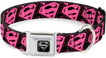 Buckle-Down Seatbelt Buckle Dog Collar - Diagonal Superman Logo w/Hearts Black/Pink - 1