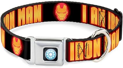 Buckle-Down Seatbelt Buckle Dog Collar - Iron Man Face/I AM IRON MAN Black/Yellow Glow - 1