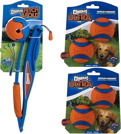 ChuckIt! Dog Fetch & Fold Ball Launcher and 4-Pack Ultra Ball Bundle, Medium