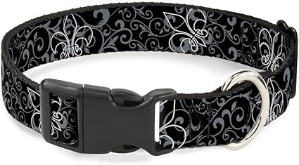 Buckle-Down Plastic Clip Collar - Fleur-de-Lis Outline w/Filigree Black/Gray - 1