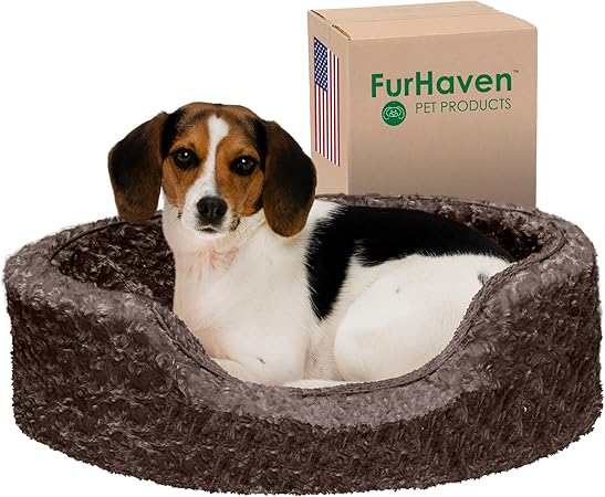 Furhaven Dog Bed for Medium/Small Dogs w/ Removable Washable Cover & Pillow Cushion Insert, For Dogs Up to 18 lbs - Ultra Plush Faux Fur Oval Lounger - Chocolate, Medium