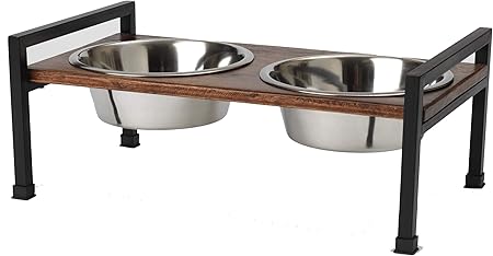 PetRageous 15014 Martinique Wood Non-Slip Table and Steel Frame Dog Diner 6.5-Cup Capacity per Two Removable Stainless-Steel Bowls 5.25-in Tall Elevated Pet Feeding Tray for Large Dogs, Brown