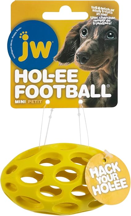 JW Pet Hol-ee Football Dog Toy Puzzle Ball, Natural Rubber, Mini (5.25 Inch Length), Colors May Vary