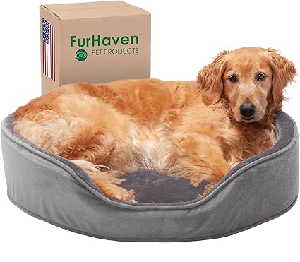 Furhaven Orthopedic Dog Bed for Large Dogs w/ Removable Washable Cover, For Dogs Up to 55 lbs - Plush & Velvet Oval Lounger - Smoke Gray, XL/Extra Large