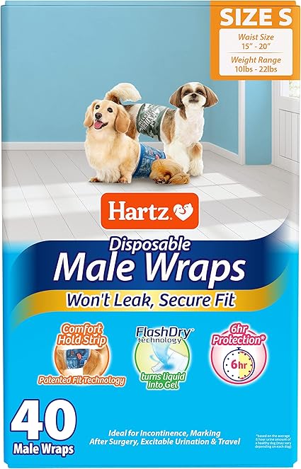 Hartz Disposable Male Dog Wraps, Size S 40 count, Comfortable & Secure Fit, Easy to Put On