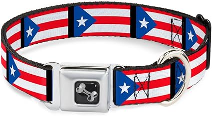 Buckle-Down Dog Collar Seatbelt Buckle Puerto Rico Flag Repeat Black, Multicolor, 1