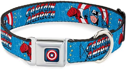 Buckle-Down Seatbelt Buckle Dog Collar - CAPTAIN AMERICA w/Action Pose Weathered Blue - 1