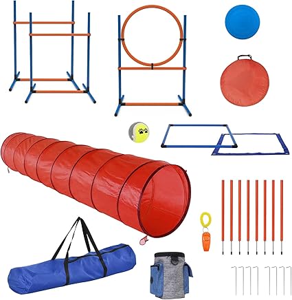 15 Piece Pets Agility Training Equipment, Obstacle Training Course Kit, Adjustable Dog Hoop, Dog Jump, Weave and Blind Poles and Pause Box for Dog Obstacle Course Outdoor Game