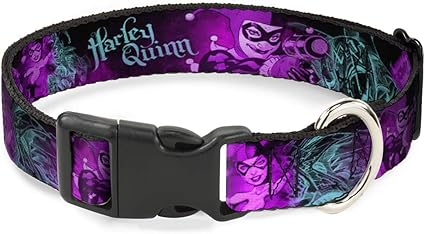 Dog Collar Plastic Clip Harley Quinn Pow Aiming Poses Joker Black Turquoise Fuchsia 18 to 32 Inches 1.5 Inch Wide, PC-WJK047-WL