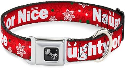 Buckle-Down Seatbelt Buckle Dog Collar - Christmas NAUGHTY OR NICE/Snowflakes Reds/White/Green - 1