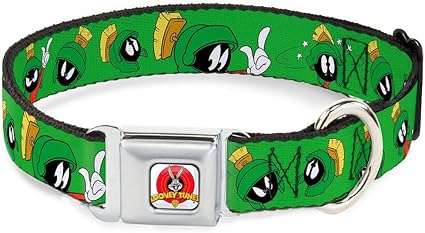 Buckle-Down Dog Collar Seatbelt Buckle Marvin The Martian Poses Expressions Green, Multicolor, 1.5